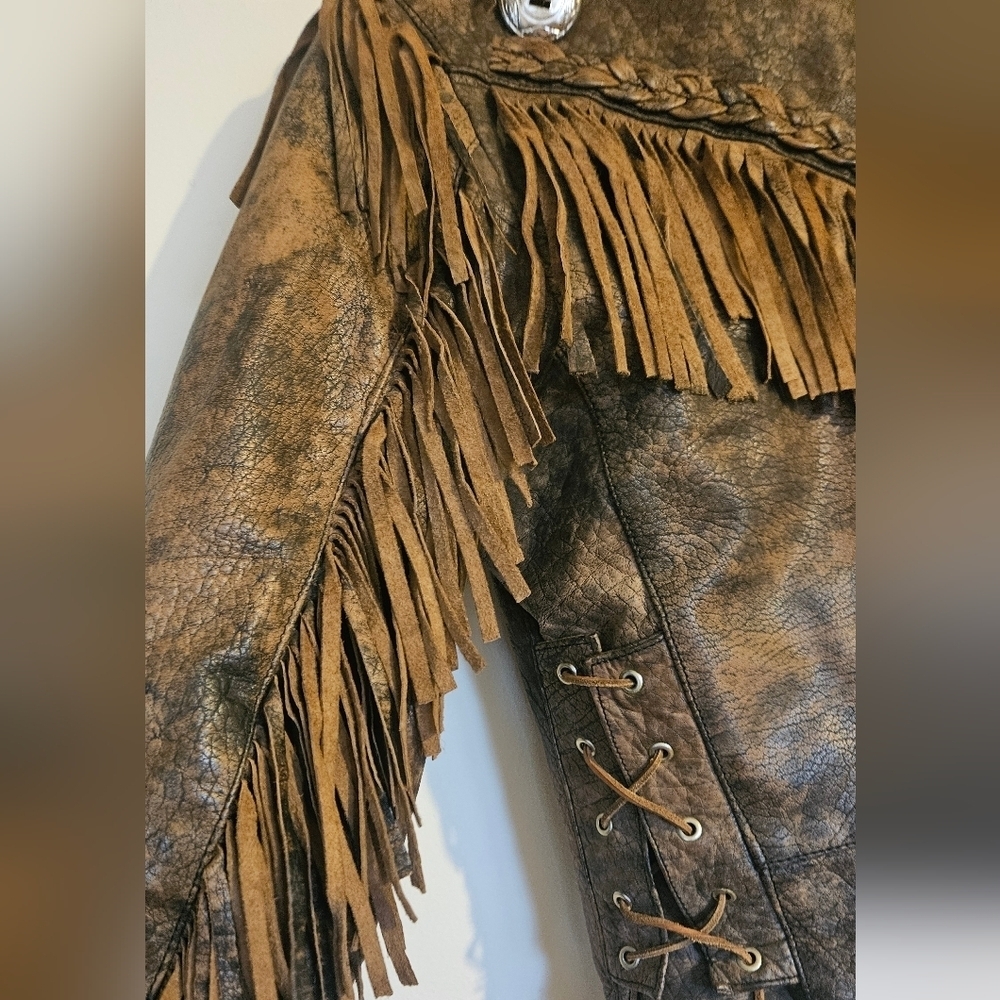 Vintage Western Fringe Real Leather Jacket Brown Distressed Boho Biker Cowgirl - Picture 12 of 16